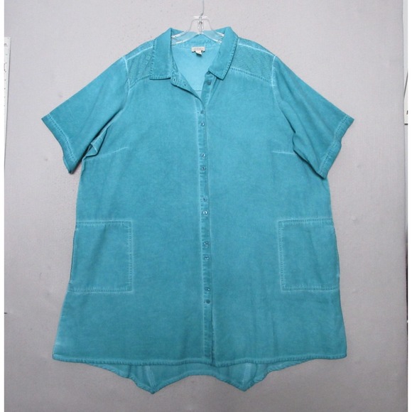 LOGO by Lori Goldstein Tops - Logo by Lori Goldstein Tunic Top Plus 2XP Petite Green Distressed Canvas Pockets